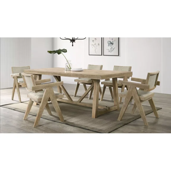 Beautiful Oak Finish 7pc Dining Set Wooden Dining Table Trestle Base 6x Arm Chairs Dining Room Furniture