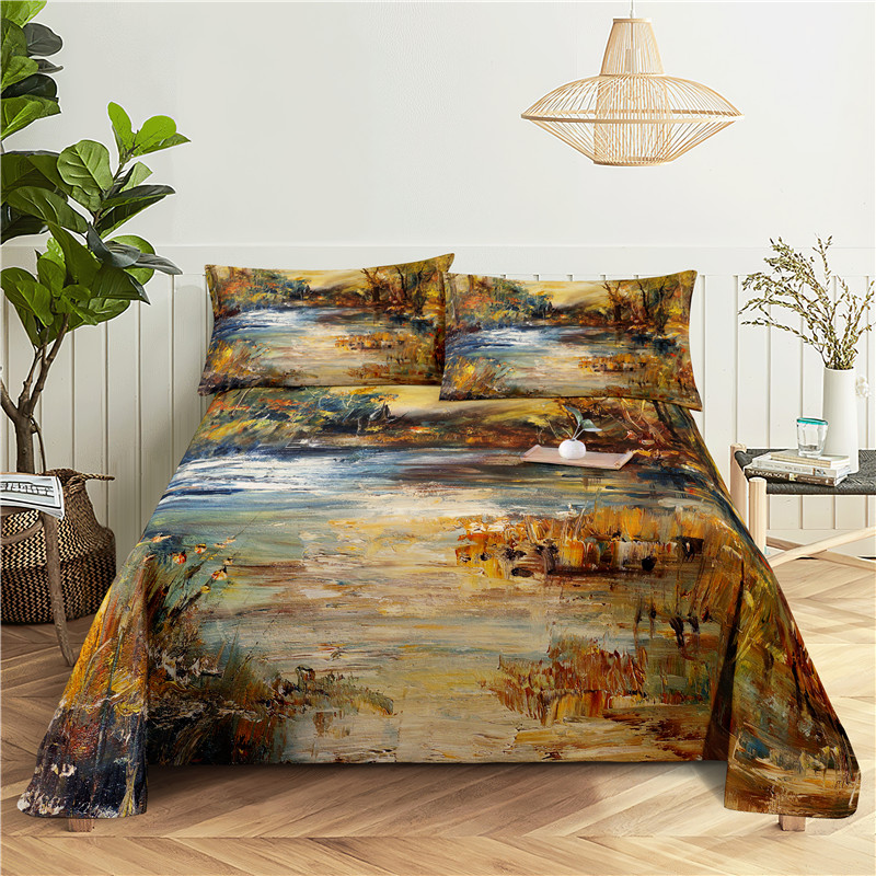Beautiful Oil Painting Digital Printing Polyester Bed Flat Sheet With