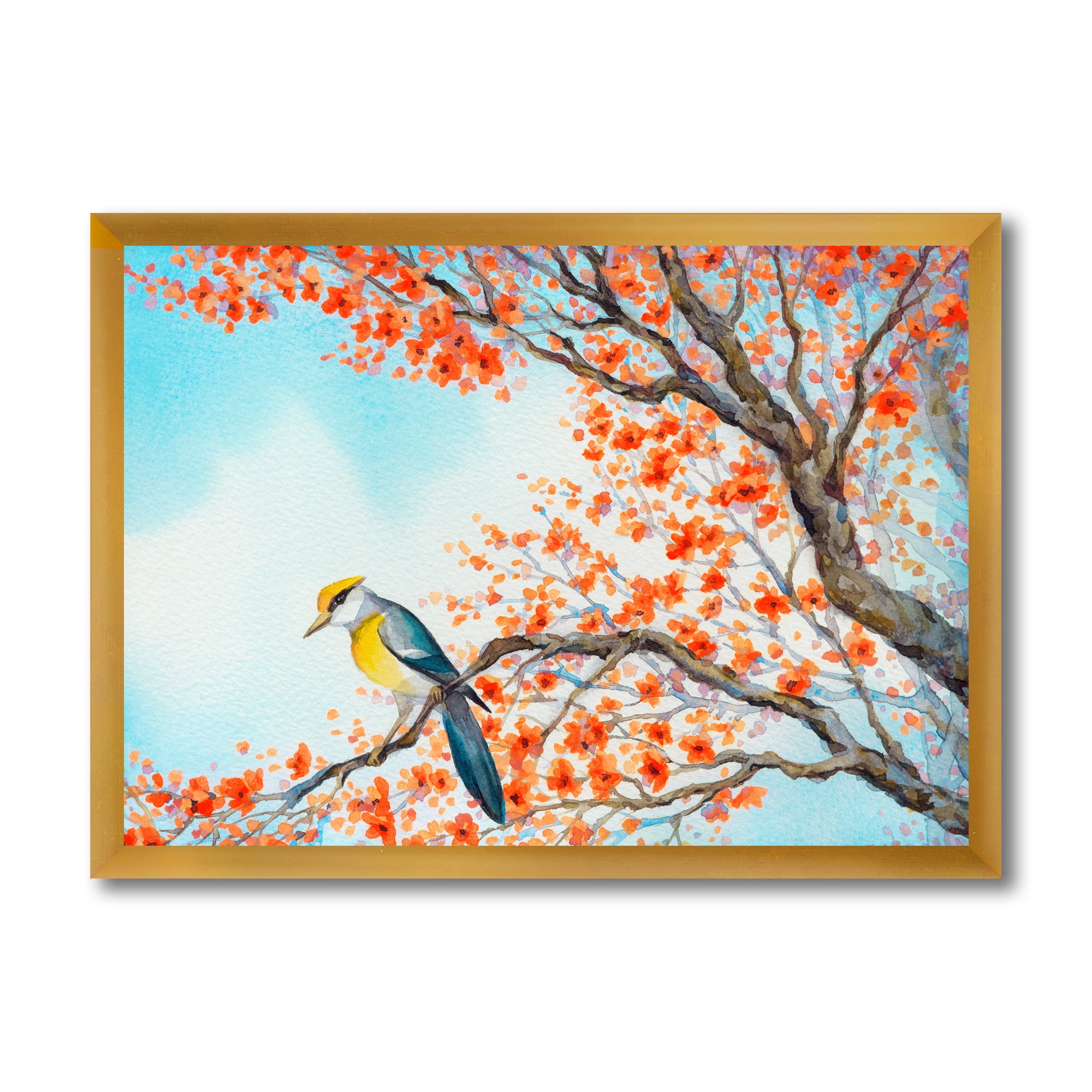 Beautiful Orange Bird Sitting On Flowering Branch 20 in x 12 in Framed Painting Canvas Art Print, by Designart
