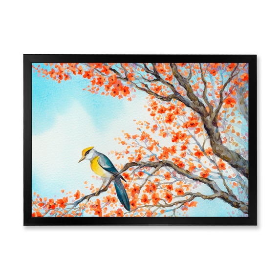 Beautiful Orange Bird Sitting On Flowering Branch 32 in x 24 in Framed Painting Canvas Art Print, by Designart
