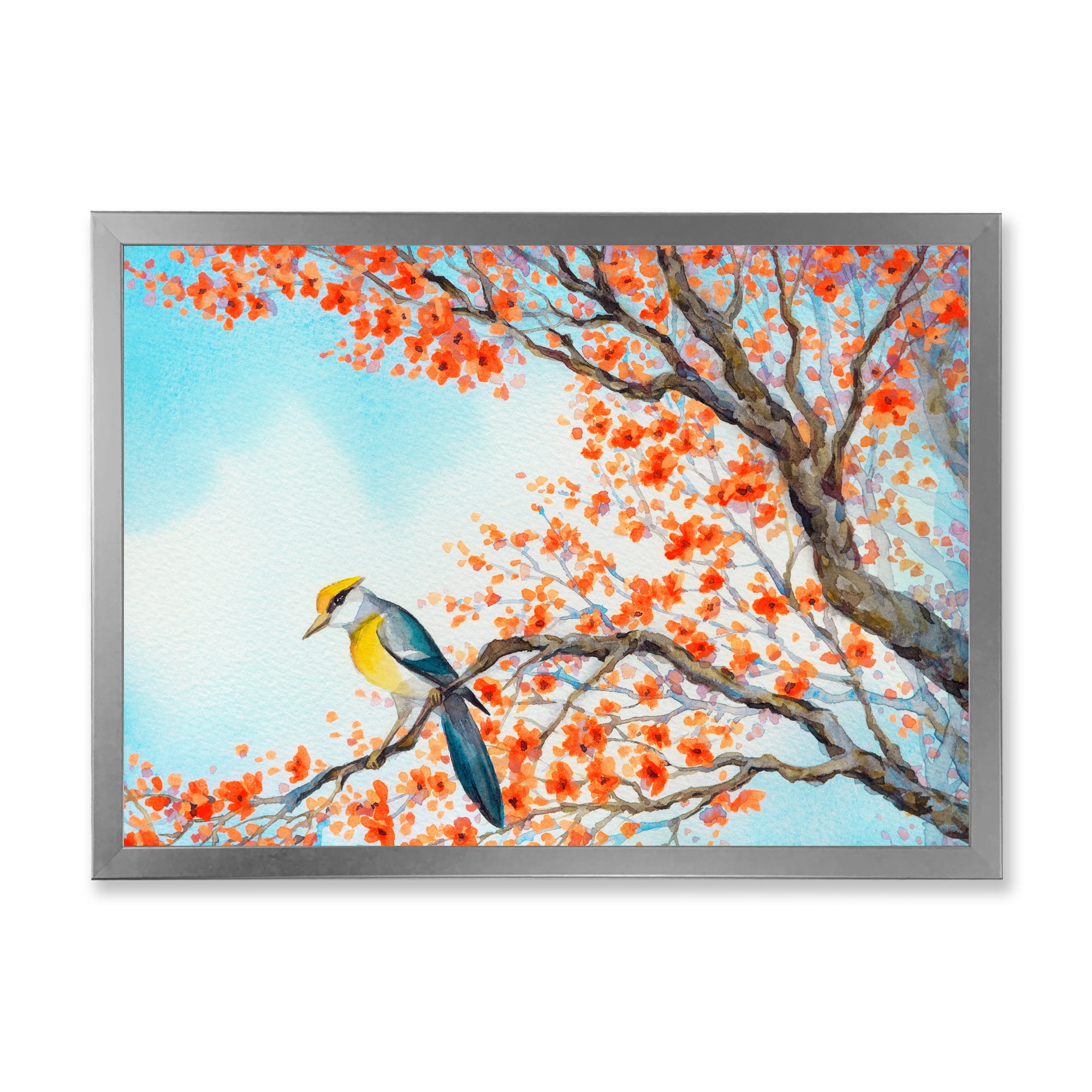 Beautiful Orange Bird Sitting On Flowering Branch 32 in x 24 in Framed Painting Canvas Art Print, by Designart