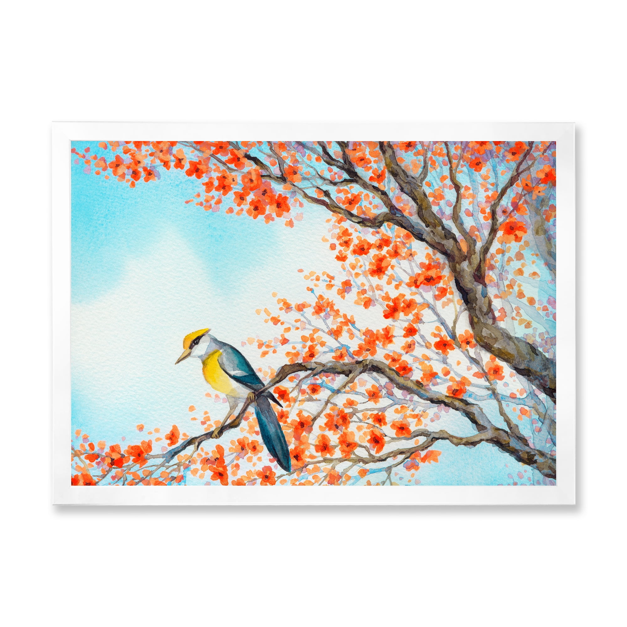 Beautiful Orange Bird Sitting On Flowering Branch 40 in x 30 in Framed Painting Canvas Art Print, by Designart