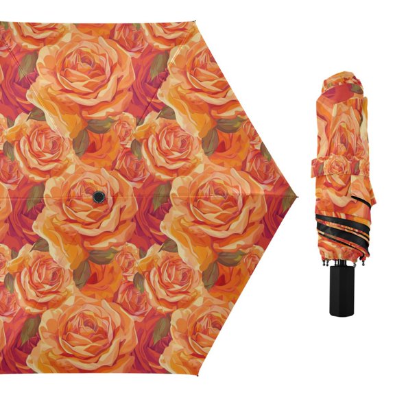 Beautiful Orange Rose Compact Sun Umbrella Windproof Travel Umbrellas for Rain Strong Portable UV Protection