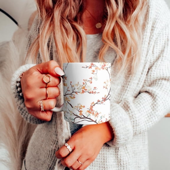 Beautiful Orange & White Floral Branches Mug, Boho Flowers Ceramic Mug, Pretty Bms Coffee Mug, Floral Pattern Cup, Gift Her.