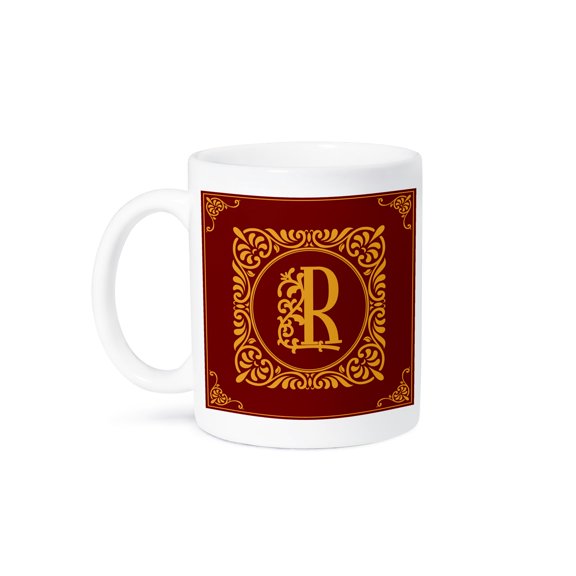 3drose, Beautiful Ornamental Burgundy, Yellow Monogram. Pretty Initial R, 15oz Mug