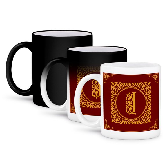 3drose, Beautiful Ornamental Burgundy, Yellow Monogram. Superb Initial J, 11oz Magic Transforming Mug
