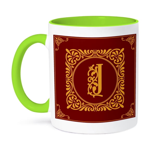 3drose, Beautiful Ornamental Burgundy, Yellow Monogram. Superb Initial J, 15oz Two-tone Green Mug