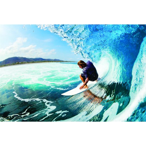 Beautiful Outdoor Man Surfing On A Surf Board In The Ocean Waves Ocean Shark Sea Great White Trout Whale Ell Bass Boat Dolphin Whale Decorating Girl Boy Wall Decal Sticker - Size: 15 Inch x 22 Inch
