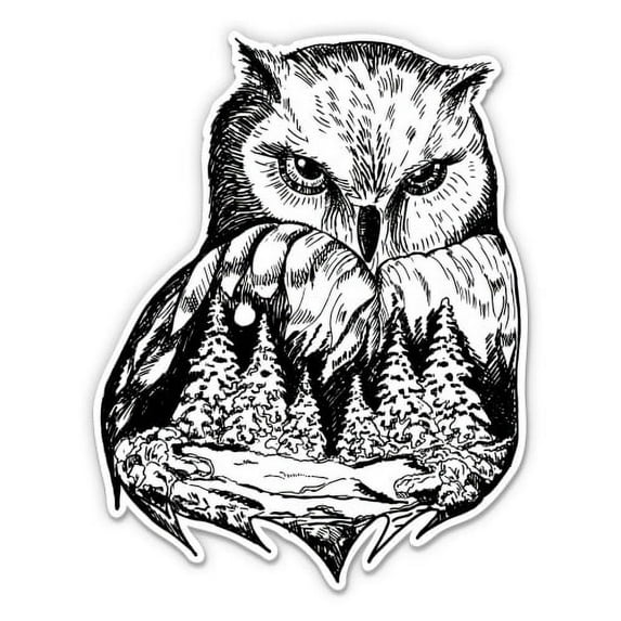 Beautiful Owl Forest Mountains Night Sky - 3" Vinyl Sticker - For Car Laptop I-Pad Phone Helmet Hard Hat - Waterproof Decal