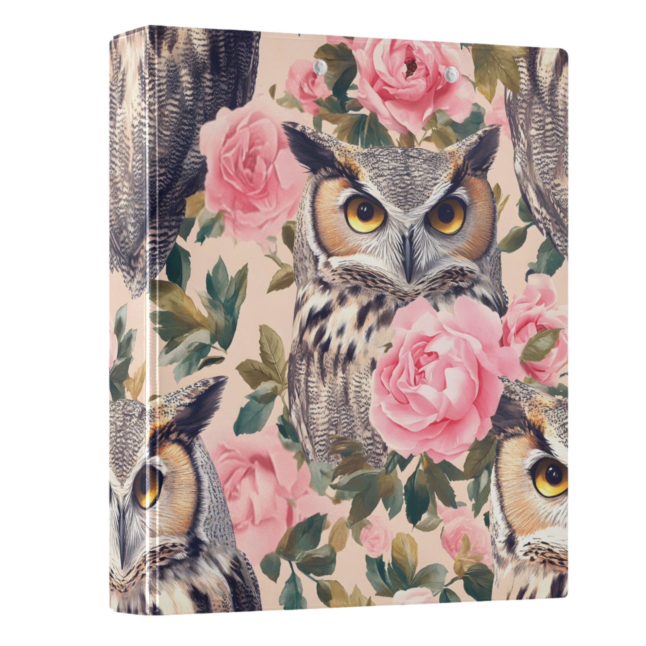 Beautiful Owls and Pink Roses Hardcover 3 Ring Binder 1.5” Round Rings ...