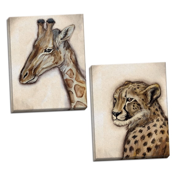 Beautiful Painterfly African Cheetah and Giraffe Set by Tre Sorelle Studios; Two 16x20in Hand-Stretched Canvases