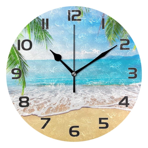 Beautiful Palm Sea Beach Wall Clock Non Ticking Silent Art Decorative Round Clock for Living Room Kitchen Bedroom Office School