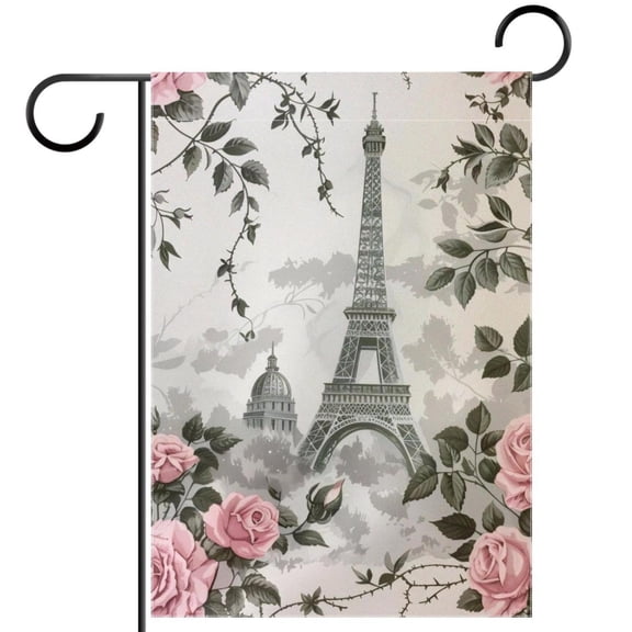Beautiful Paris Eiffel Tower Pink Rose Garden Flag Double Sided House Flag for Outdoor Home, Personalized All Year Round Yard Decor 12 x 18 Inch