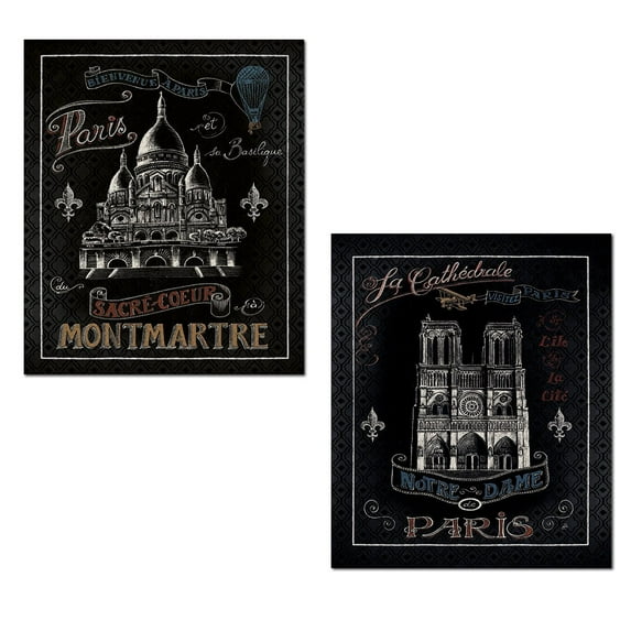 Beautiful Paris France Landmarks Montmartre and Notre Dame on Black by Daphne Brissonnet; Two 11X14 Paper Posters
