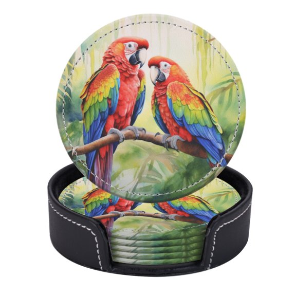 PU Leather Coasters for Drinks Bar Beer,Set of 6 with Holder,Round Housewarming Gift,Beautiful Parrots In The Rainforest