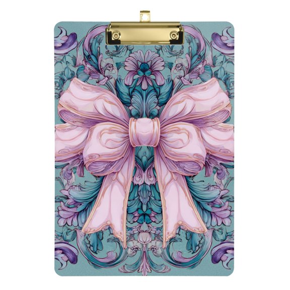 Beautiful Pastel Pink Bows Green Background Acrylic Clipboard Drawing Board with Hook Writing Pad File Storage A4 Size Gold 12.5" x 9"