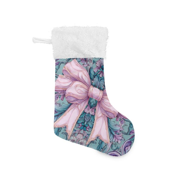 Beautiful Pastel Pink Bows Green Background Christmas Stockings Large Capacity 18 inch Gift Bag with Hook Xmas Holiday Decor 1 Pack