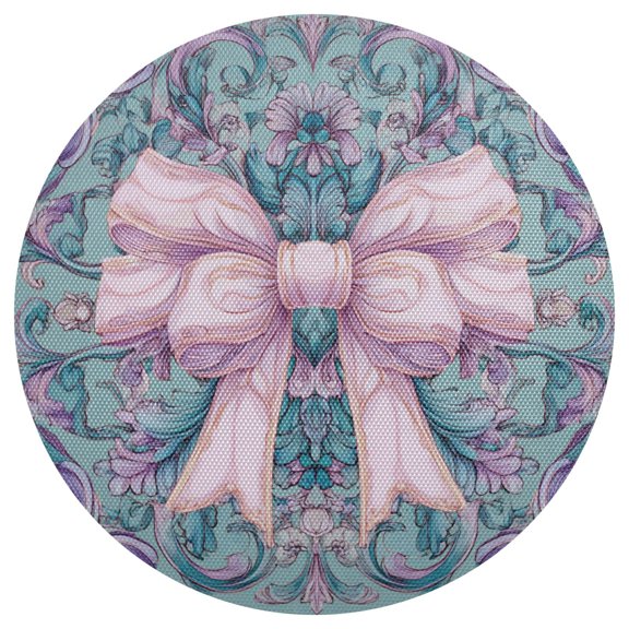 Beautiful Pastel Pink Bows Green Background PVC Round Grid Placemat Table Mat 1 Pc 15.4" x 15.4"