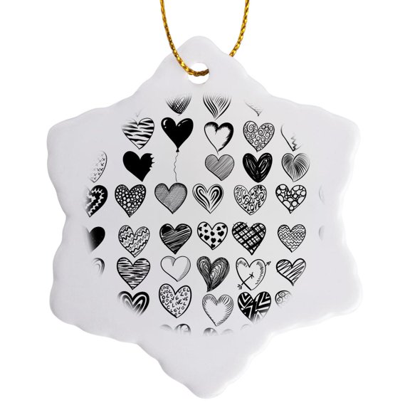 3drose, Beautiful Pattern of Hearts in Black and White. a Gift for Anyone, 3 inch Snowflake Porcelain Ornament