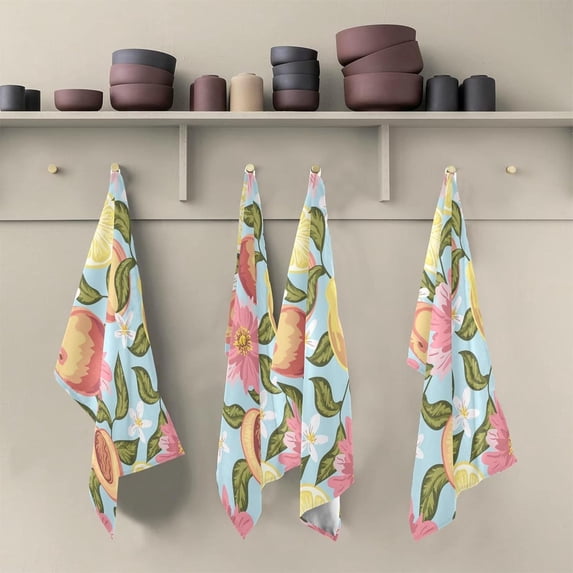Beautiful Peach Lemon Flowers Tea Towels Set of 6 Watercolor Leaves Kitchen Dish Cloth with Hanging Loop, 18"x28"Lint-Free Absorbent Towel for Kitchen Drying Wiping and Cleaning