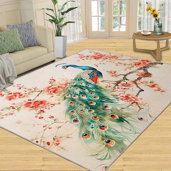 Beautiful Peacock Area Rug, Peacock Feather Living Room Rug Red Plum Bedroom Rug for Room Home Decor Floor Mats 2 x 3ft