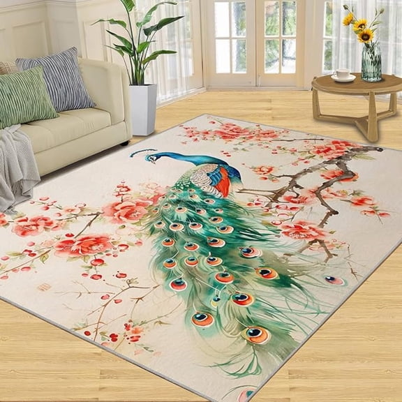 Beautiful Peacock Area Rug, Peacock Feather Living Room Rug Red Plum Bedroom Rug for Room Home Decor Floor Mats 5 x 8ft