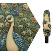 Beautiful Peacock Emboss Painting All Weather Umbrella Triple Folding Parasol 6 Ribs UV Protection Portable