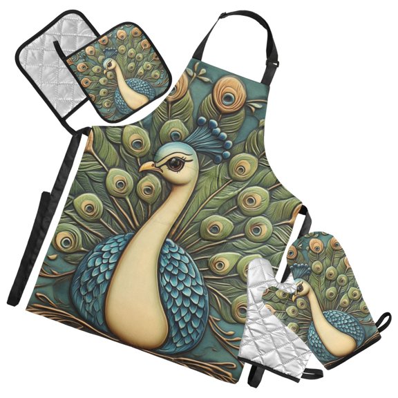 Beautiful Peacock Emboss Painting Apron Set with Oven Mitts Pot Holders Set of 5 Kitchen Stuff Accessories