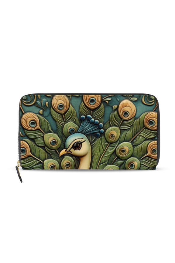 Beautiful Peacock Emboss Painting Women's Long Zipper Wallet Bifold Clutch Purse PU Leather Card Cases