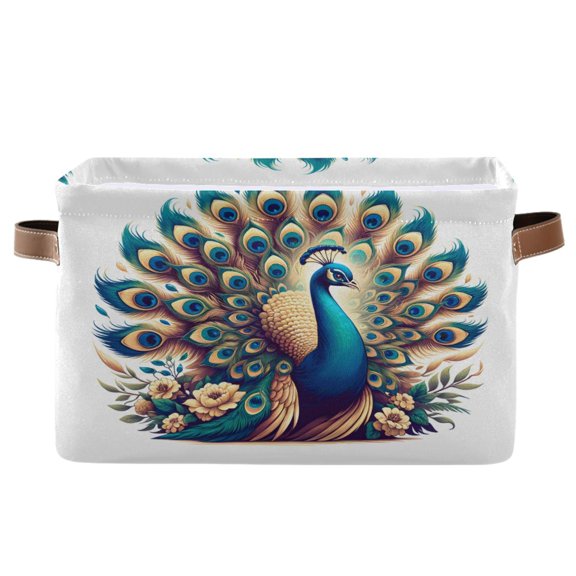 Beautiful Peacock Storage Bins with Handle Fabric Organizer Basket Foldable Box 1 Pack 14.2x10.2x8.3