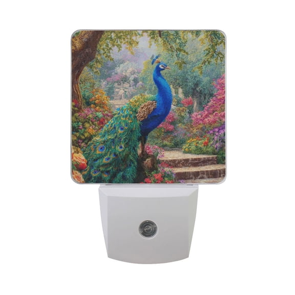 Beautiful Peacock in Garden LED Night Light Sensor Lamp Plug-in Adjustable Brightness 2 Pack
