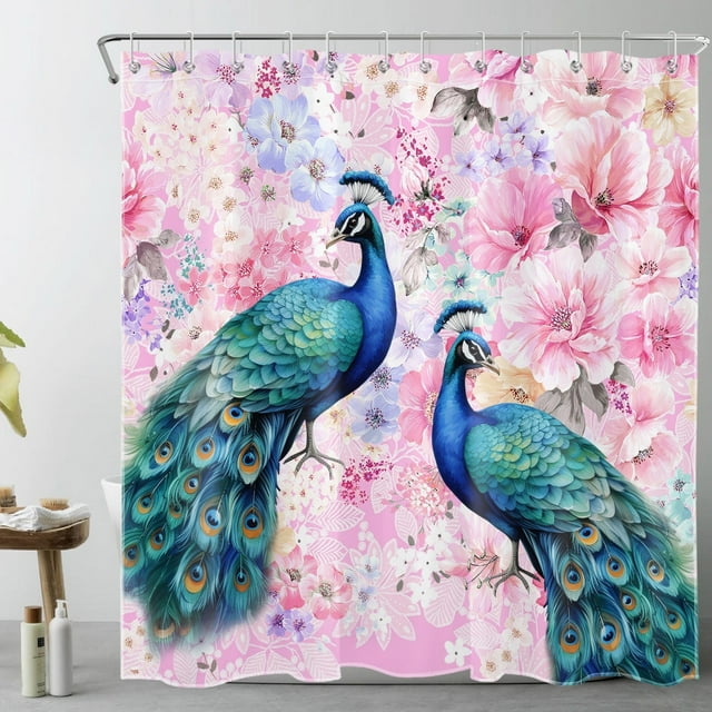 Beautiful Peacocks Shower Curtain Pink Floral Background Shower Curtain for Bathroom Waterproof Colorful Flowers Shower Curtain Bathroom Decor with 12 Hooks,72x78 inch