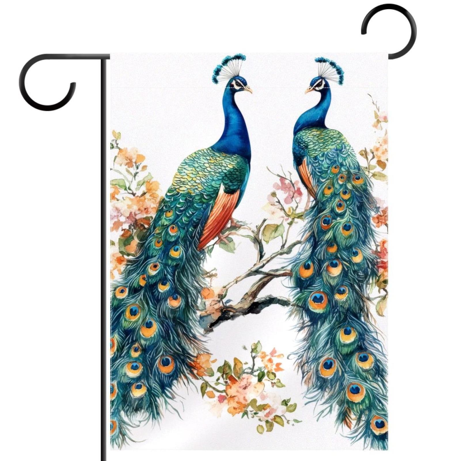 Beautiful Peacocks Watercolor Pattern Double Sided Garden Flag Decorative Weather Resistant Yard Flag, Large DIY Vertical Flag for Farmhouse Patio Lawn, 28x40 Inch