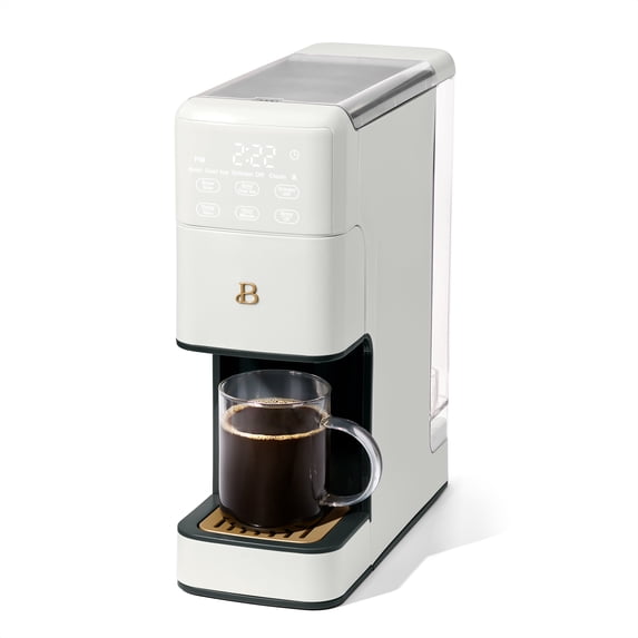 Beautiful by Drew Barrymore Perfect Grind Programmable Single-Serve Coffee Maker with Built-In Grinder, White Icing