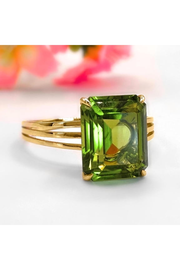 Beautiful Peridot Ring 5.40ct Emerald Cut Olive Green Statement Ring August Birthstone Gold Ring