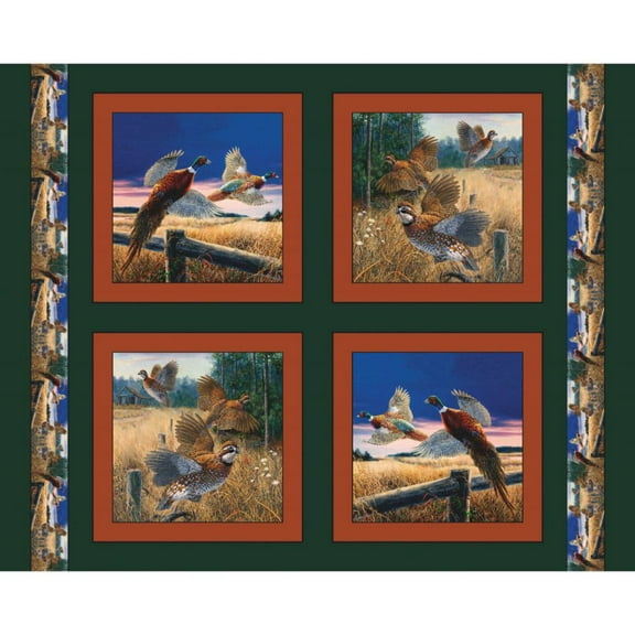 Beautiful Pheasants Green Pillow Panel Digital Cotton Fabric