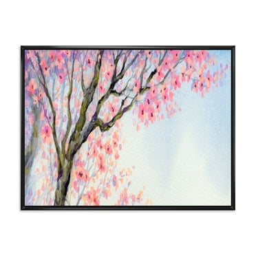 Beautiful Pink Bird Sitting On Flowering Branch 20 in x 12 in Framed Painting Canvas Art Print, by Designart