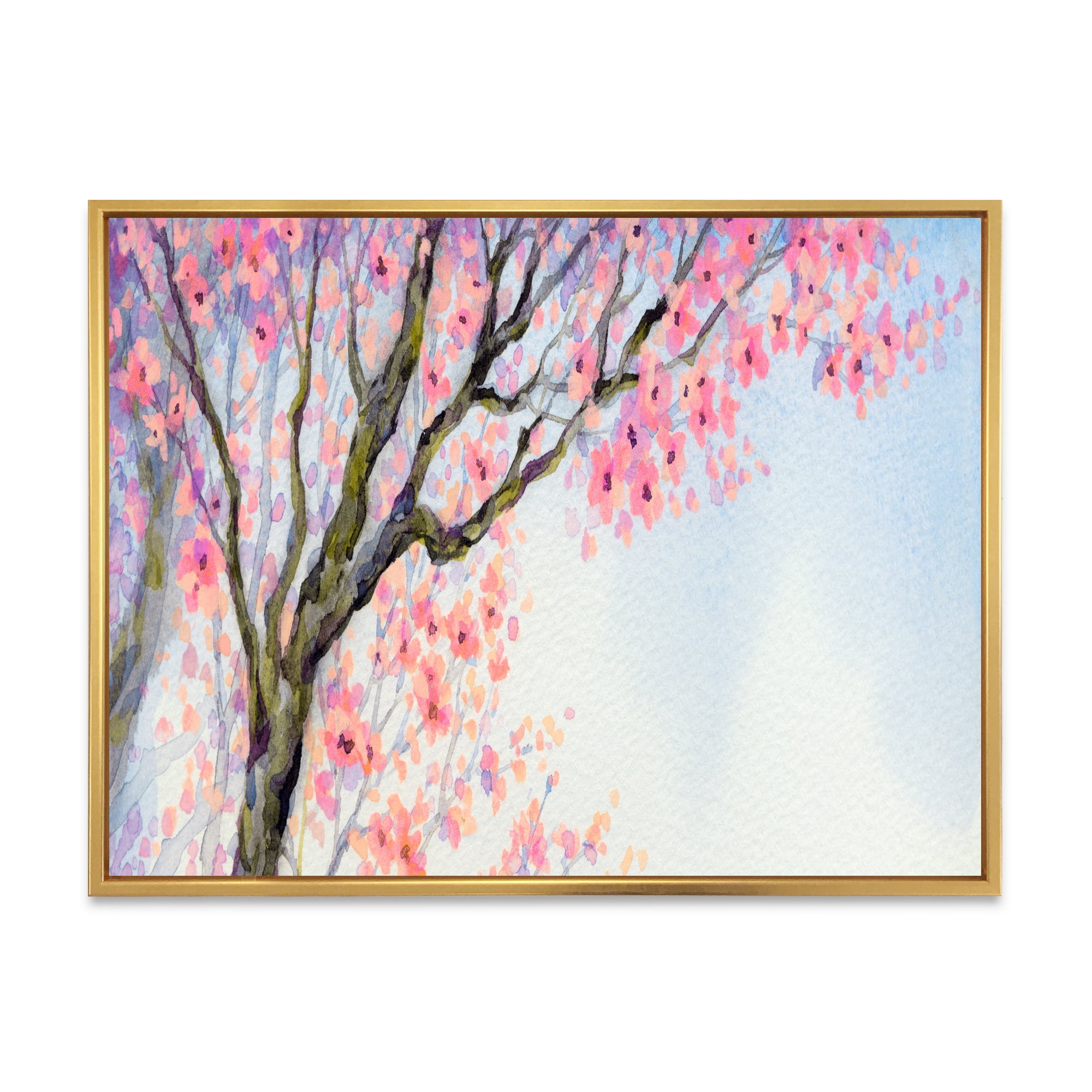 Beautiful Pink Bird Sitting On Flowering Branch 32 in x 16 in Framed Painting Canvas Art Print, by Designart