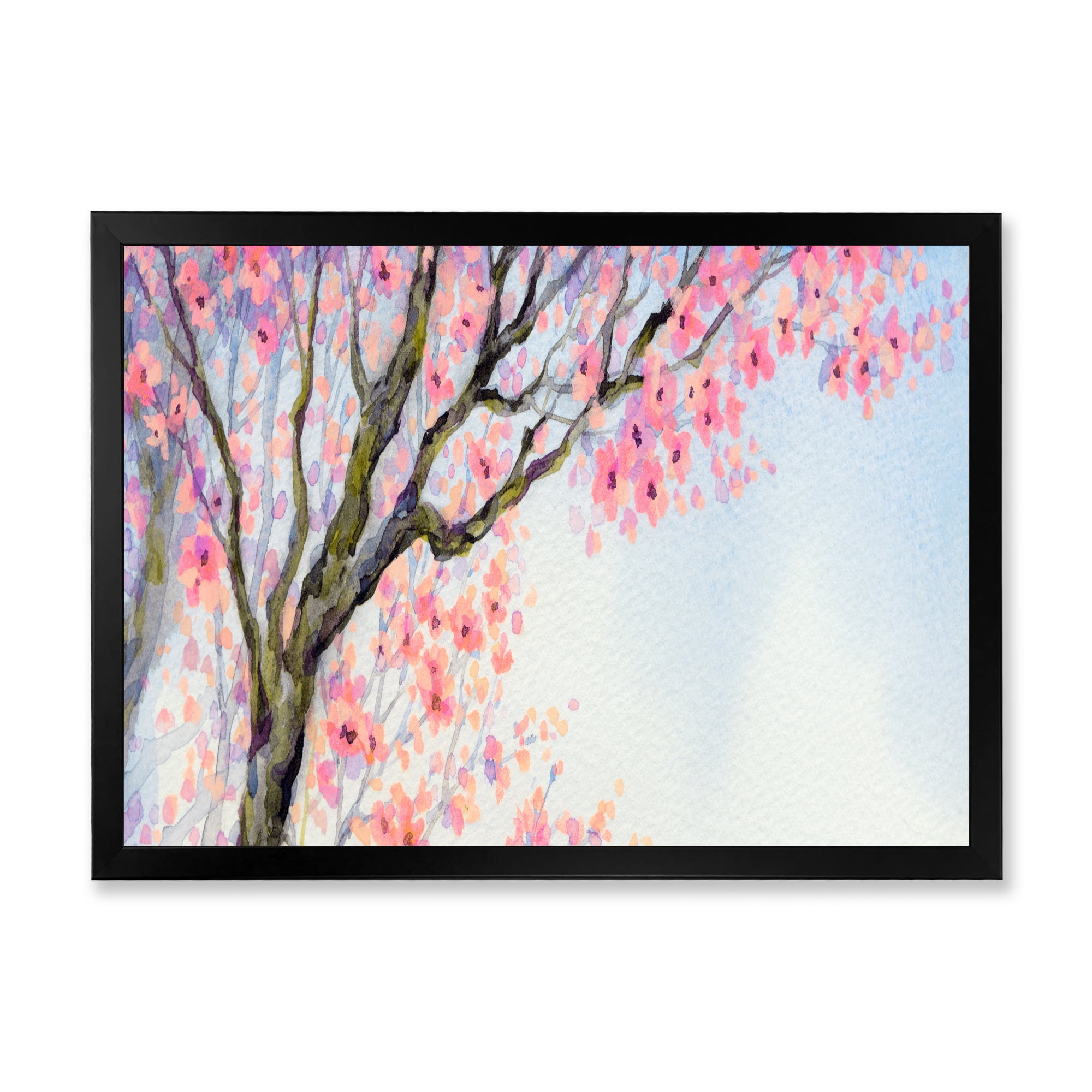 Beautiful Pink Bird Sitting On Flowering Branch 32 in x 16 in Framed Painting Canvas Art Print, by Designart