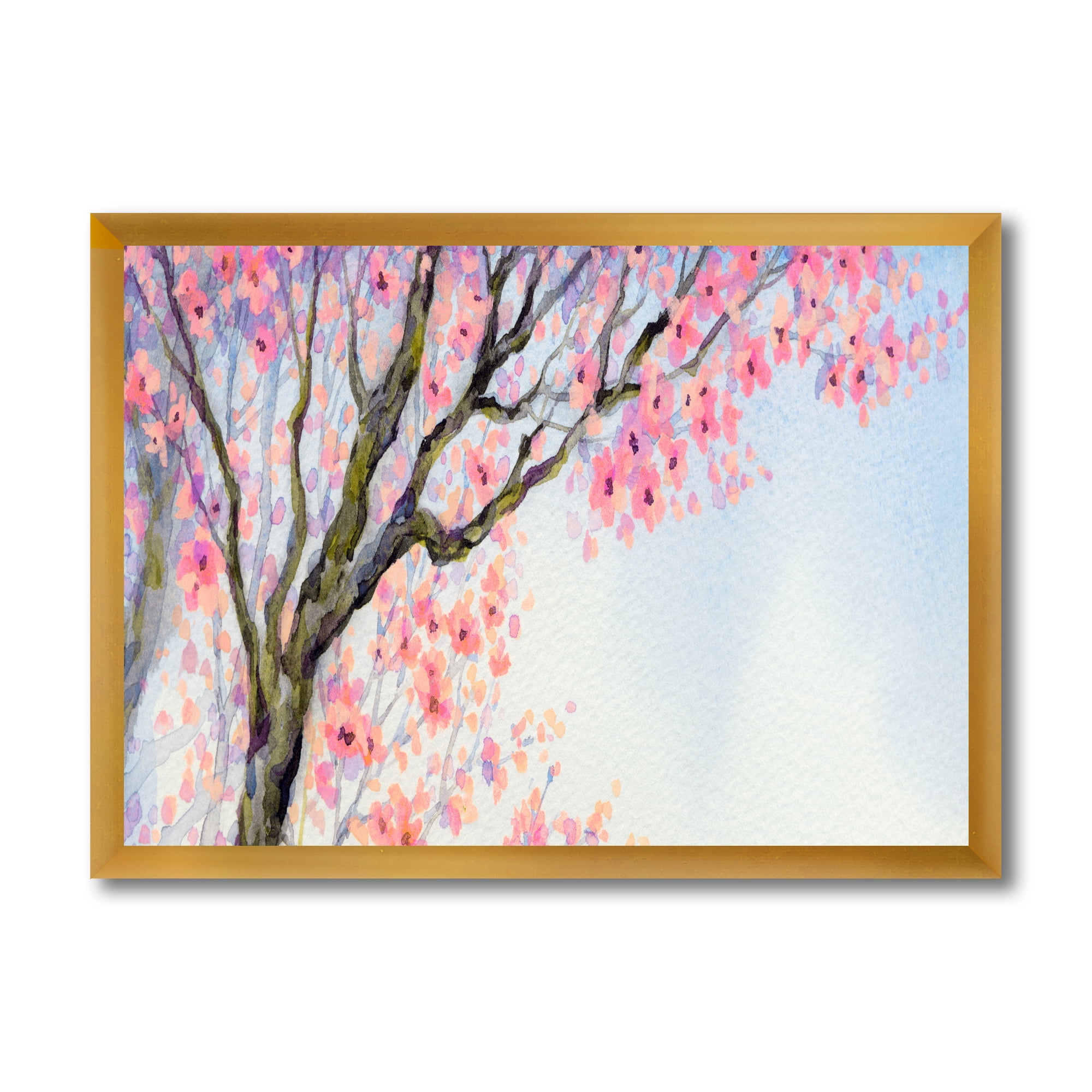 Beautiful Pink Bird Sitting On Flowering Branch 32 in x 24 in Framed Painting Canvas Art Print, by Designart