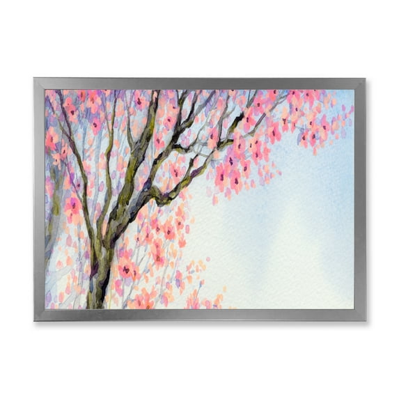 Beautiful Pink Bird Sitting On Flowering Branch 40 in x 30 in Framed Painting Canvas Art Print, by Designart
