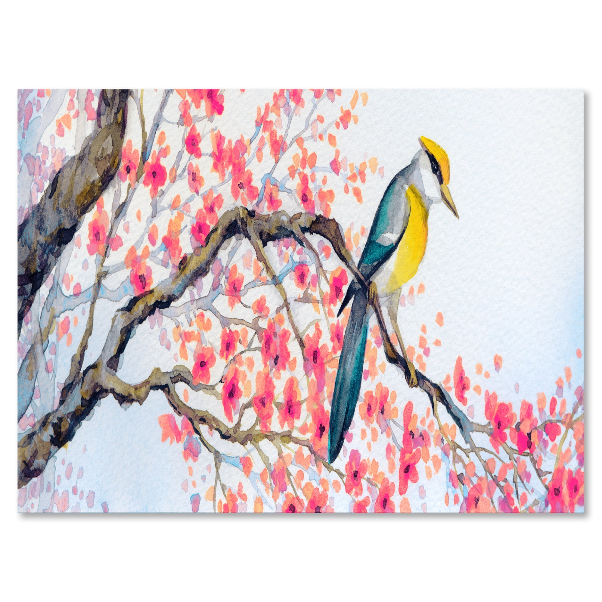 Beautiful Pink Bird Sitting On Flowering Branch I 12 in x 8 in Painting Canvas Art Print, by Designart