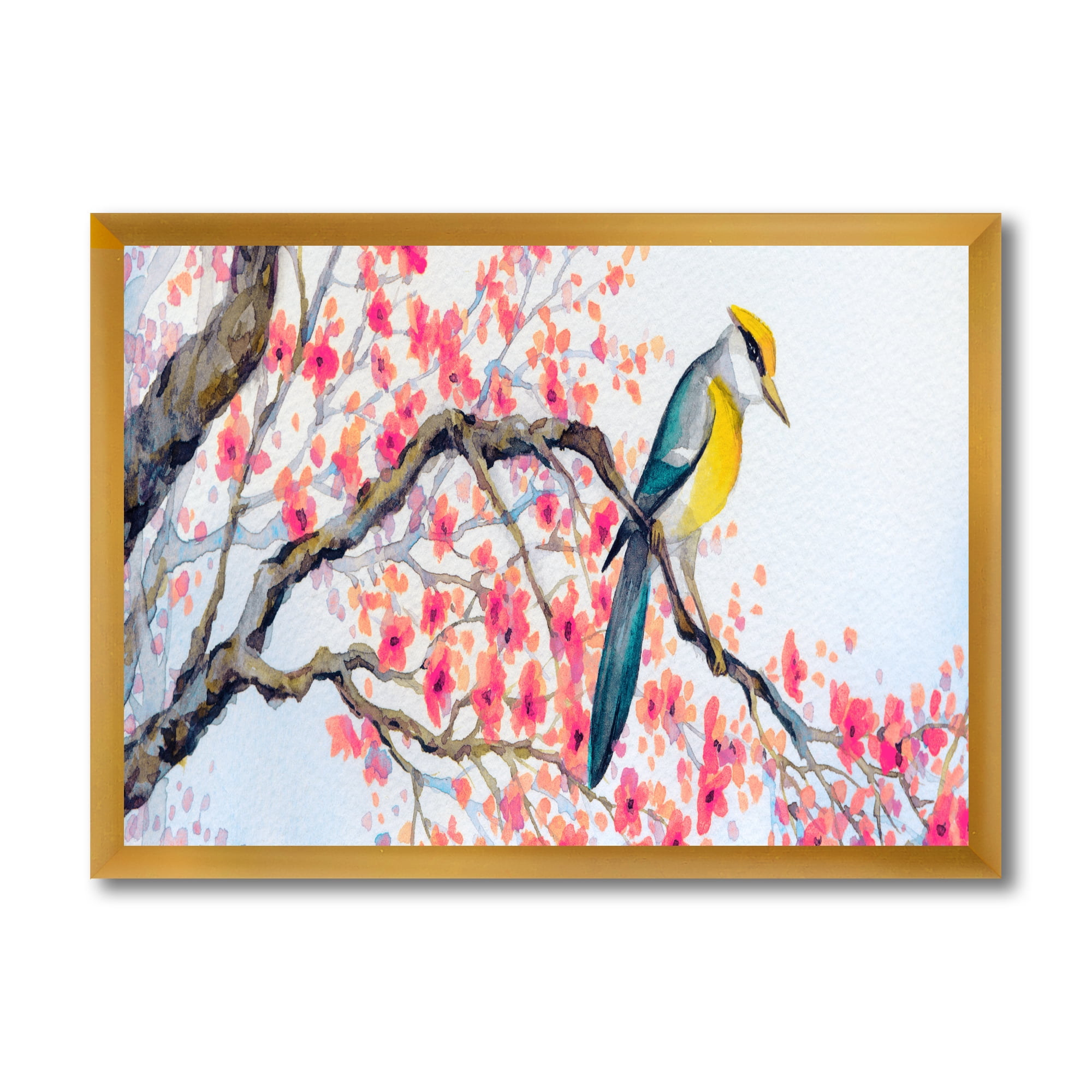 Beautiful Pink Bird Sitting On Flowering Branch I 20 in x 12 in Framed Painting Canvas Art Print, by Designart