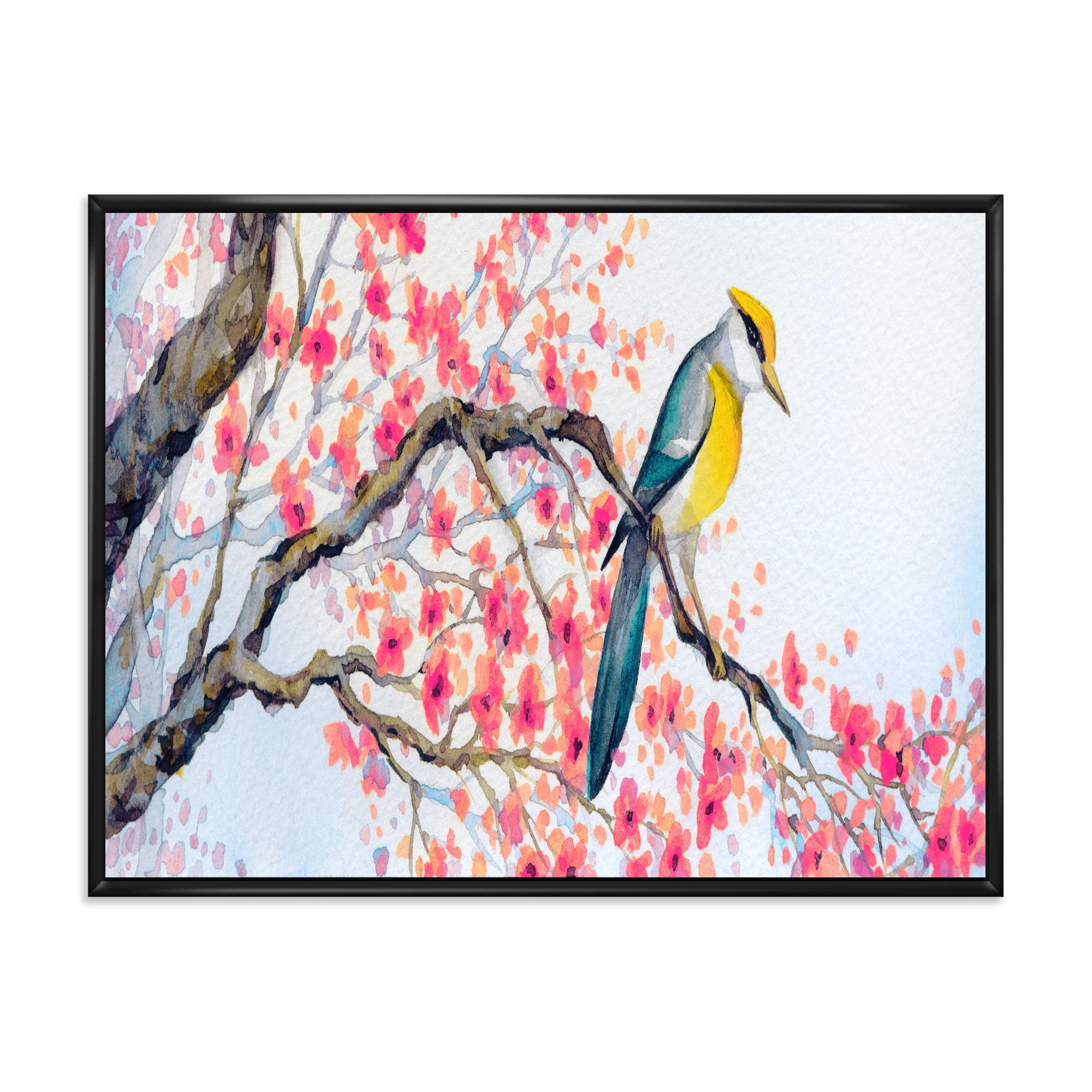Beautiful Pink Bird Sitting On Flowering Branch I 32 in x 16 in Framed Painting Canvas Art Print, by Designart
