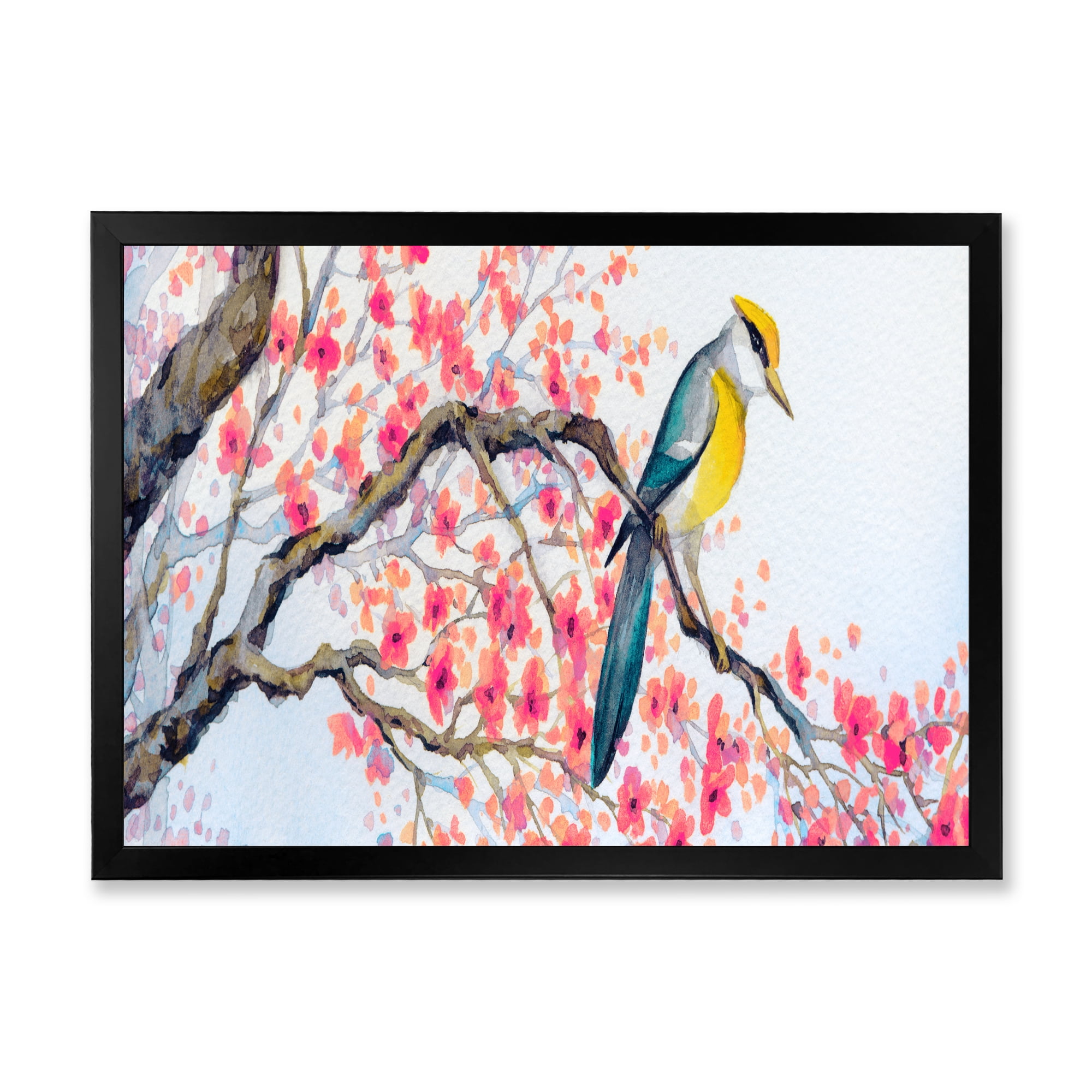 Beautiful Pink Bird Sitting On Flowering Branch I 32 in x 16 in Framed Painting Canvas Art Print, by Designart