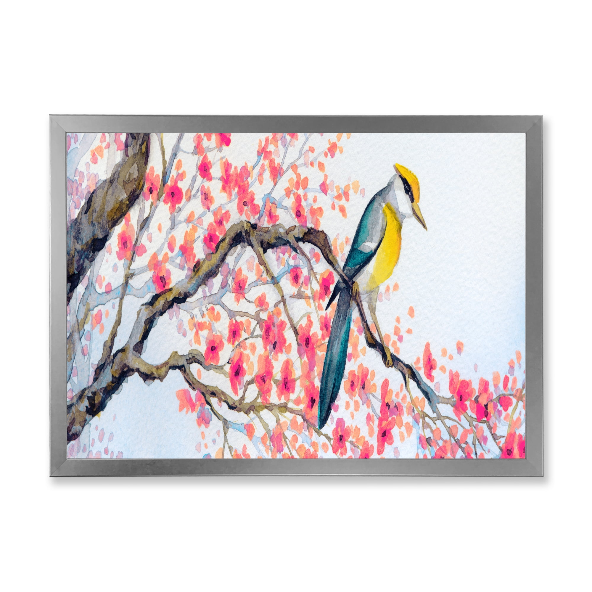Beautiful Pink Bird Sitting On Flowering Branch I 40 in x 30 in Framed Painting Canvas Art Print, by Designart