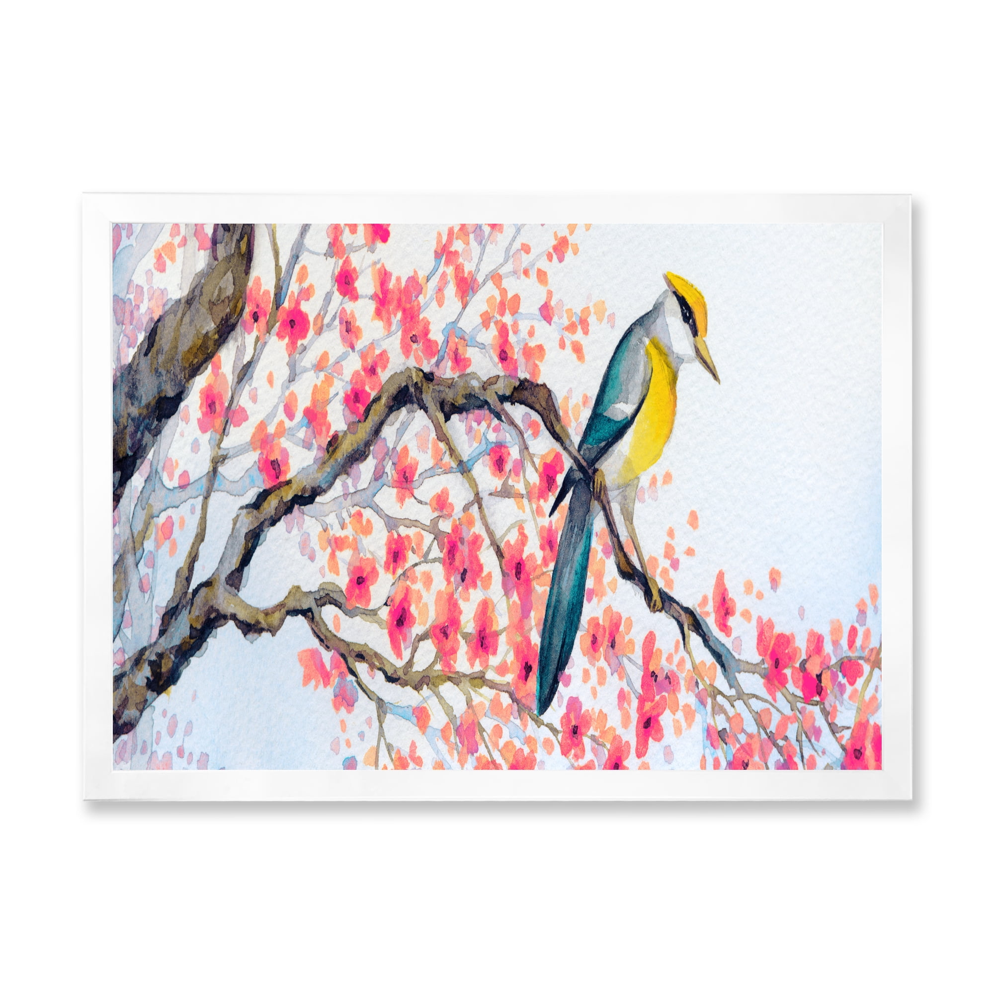 Beautiful Pink Bird Sitting On Flowering Branch I 40 in x 30 in Framed Painting Canvas Art Print, by Designart
