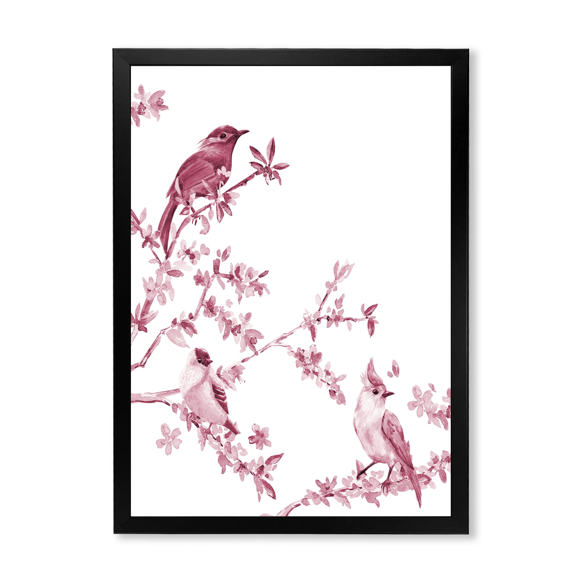 Beautiful Pink Birds Sitting On Flowering Branches 20 in x 20 in Framed Painting Canvas Art Print, by Designart