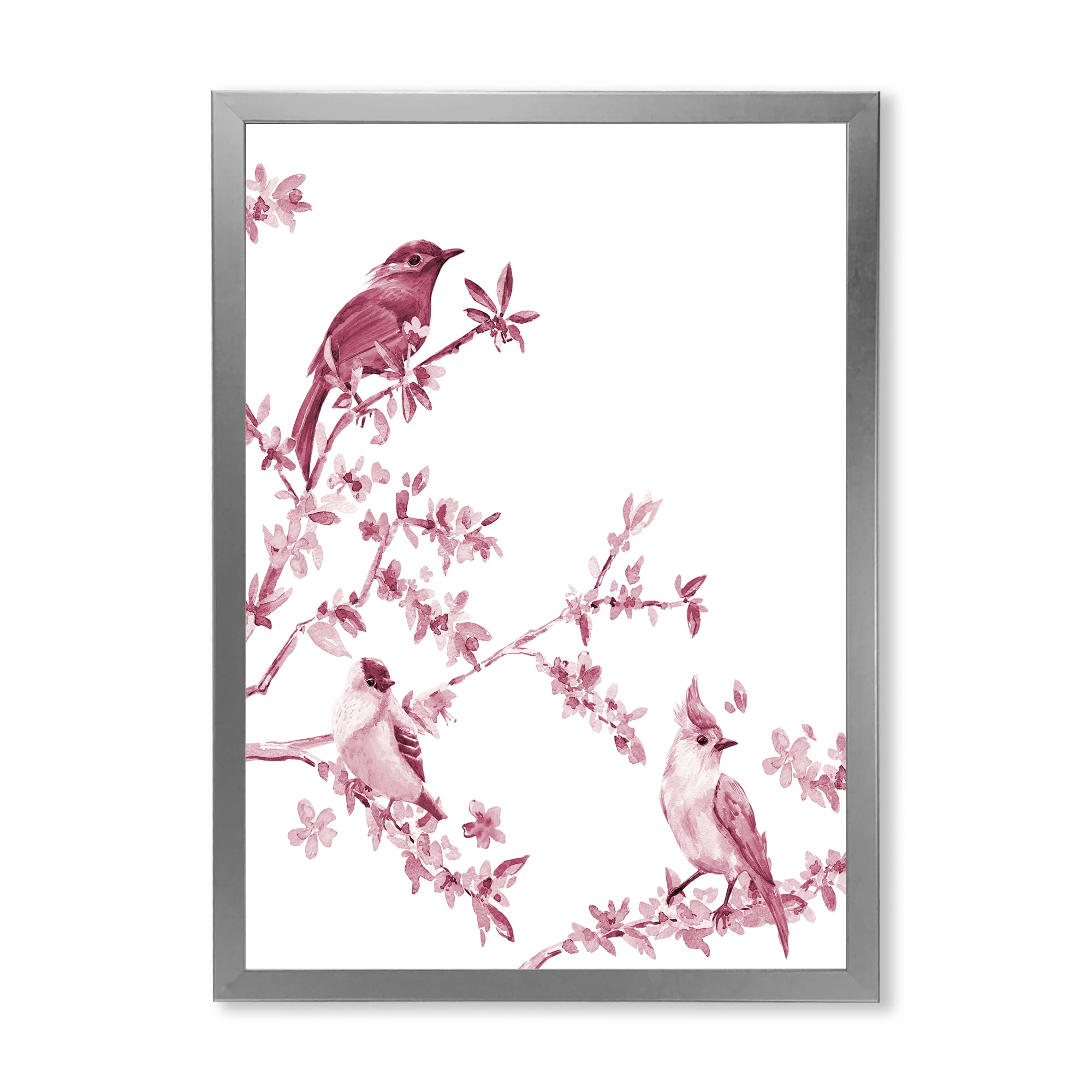 Beautiful Pink Birds Sitting On Flowering Branches 30 in x 40 in Framed Painting Canvas Art Print, by Designart