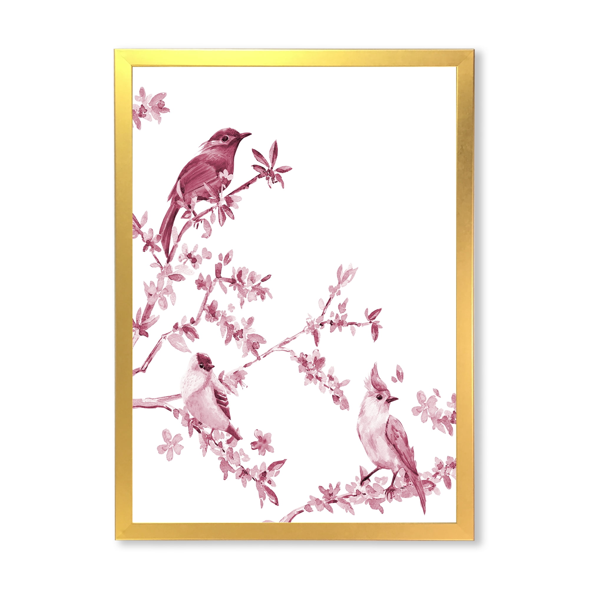 Beautiful Pink Birds Sitting On Flowering Branches 30 in x 40 in Framed Painting Canvas Art Print, by Designart